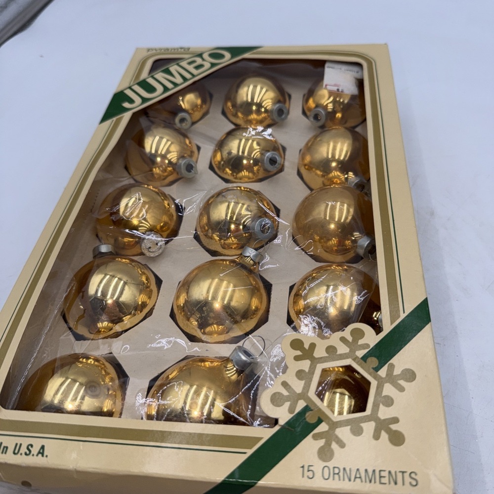 Vintage Pyramid Jumbo Glass Christmas Ornaments Box of 15 USA Gold Rauch